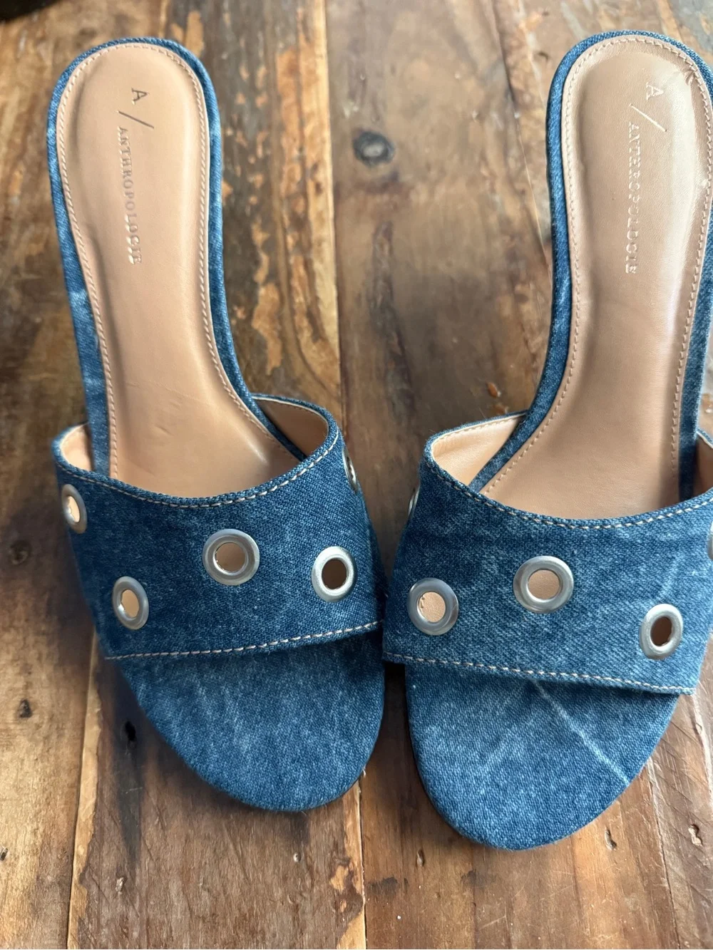 Anthropologie Denim Slide Mules with Silver Grommets